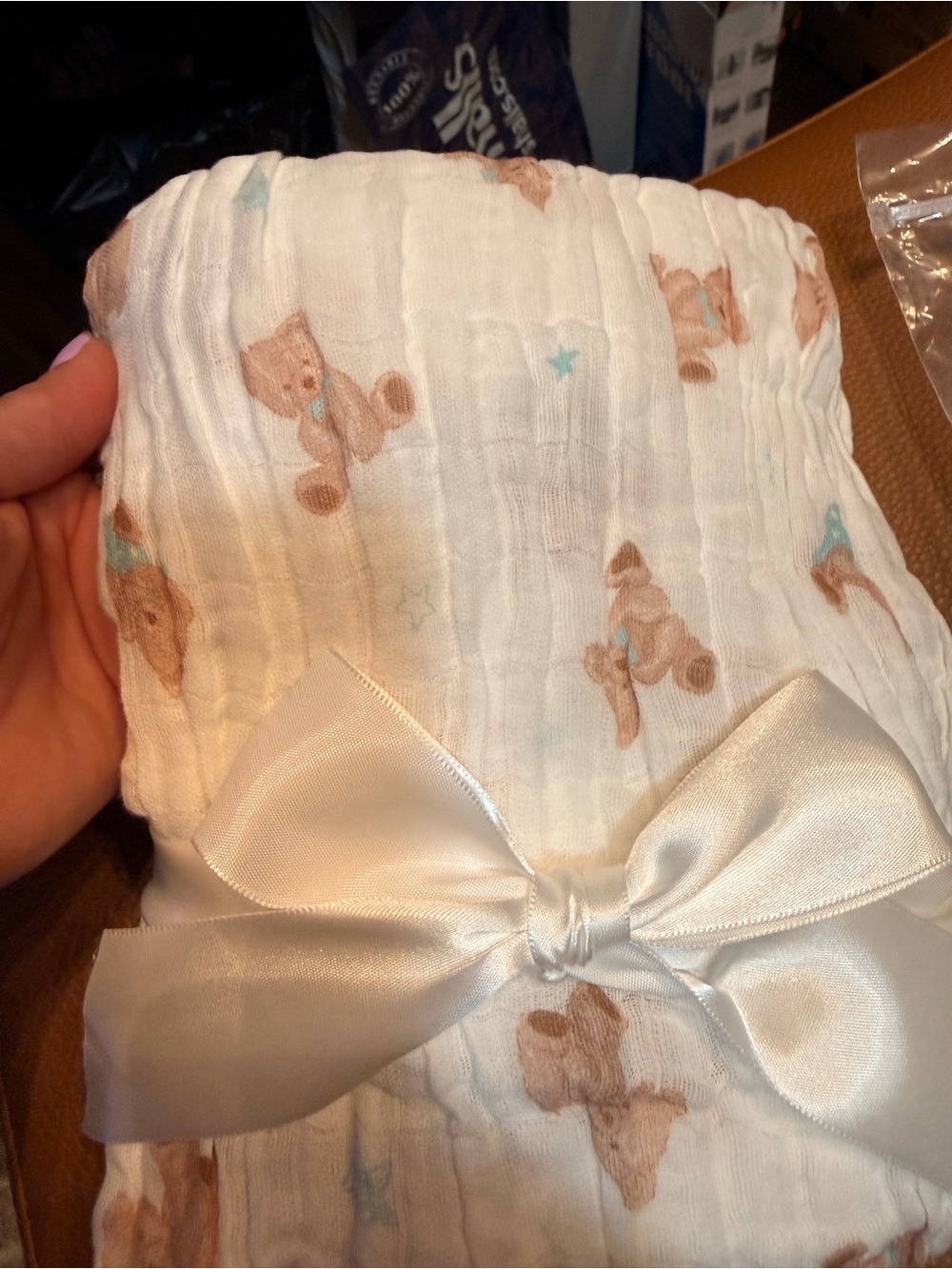Cream Muslin Baby swaddle Brown Bear Print NWT 47”x 47”